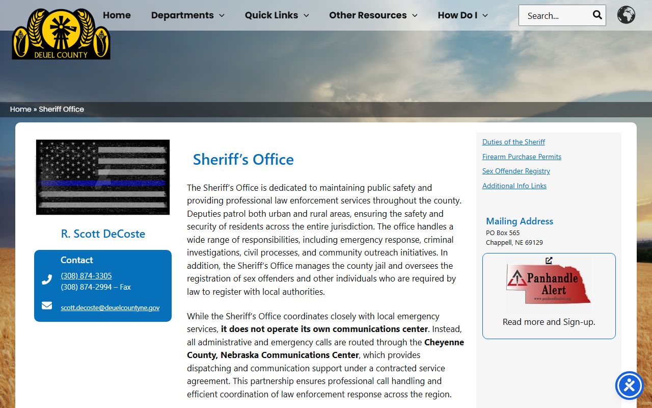Deuel County Jail inmate search source from the official sheriff page