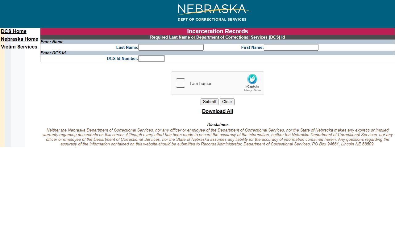 Nebraska NDCS inmate search fields for Deuel County sentenced prisoners